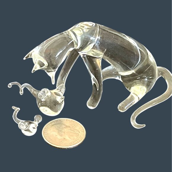 Clear Glass Hand Blown Set Cat & 2 Mice Collectible Kitty Kitten Mouse Figurine - Picture 10 of 11
